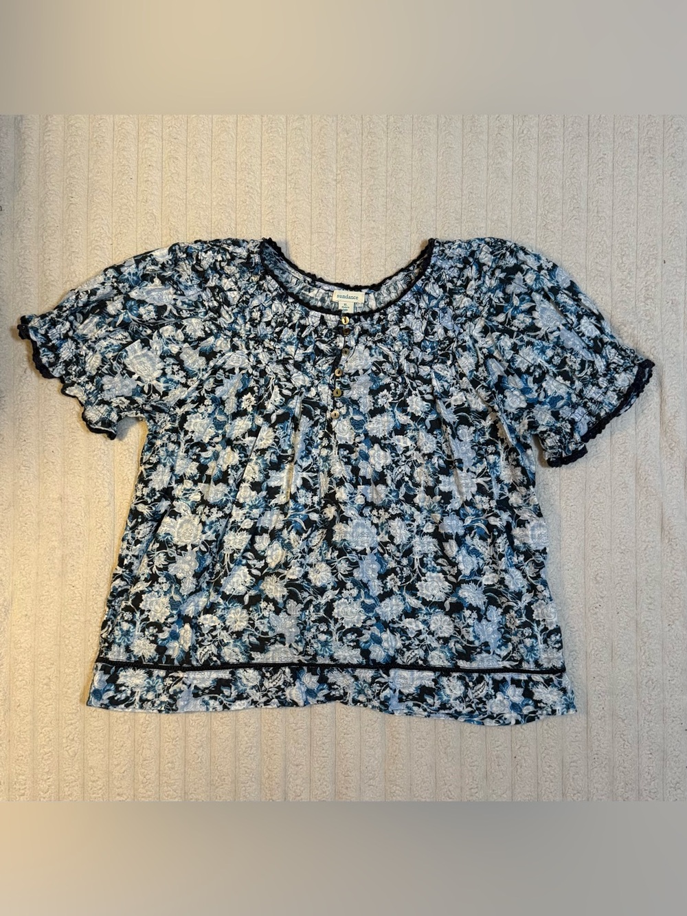 Women’s Sundance Floral Blouse Blue/Navy Ruffle Sleeve Boho Top XL